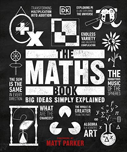 Book cover for The Maths Book with white mathematical sketches on a black background.