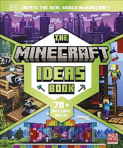 Book cover titled The Minecraft Ideas Book featuring Minecraft characters and pixelated city builds.