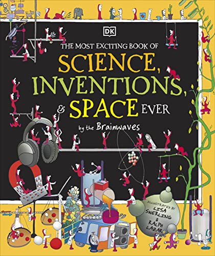 Colorful illustrated book cover with science, inventions, and space themes.