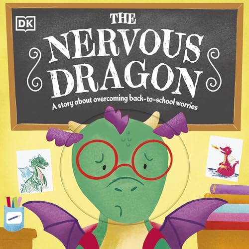 Book cover featuring a green dragon with red glasses, looking worried.