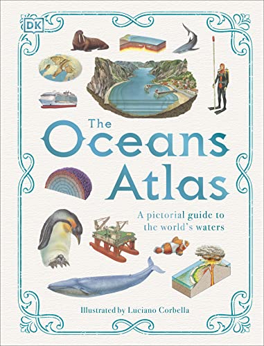 Book cover depicting ocean life and geological features, titled "The Oceans Atlas".