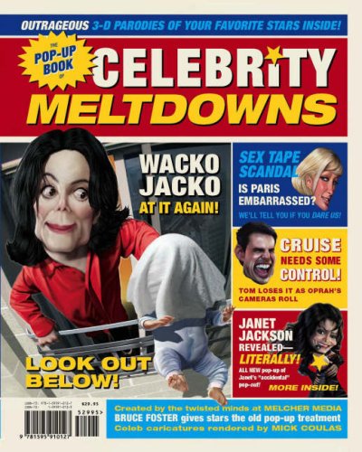 Pop-up book cover depicting caricatures of celebrities in exaggerated scenes.