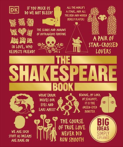 Book cover with golden Shakespearean quotes and illustrations on a red background.