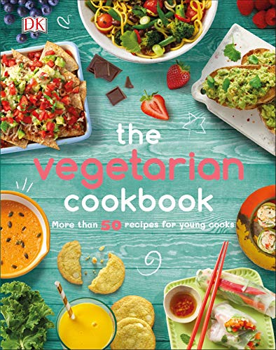 Cookbook cover with colorful vegetarian dishes like pasta, tacos, and avocado toast.