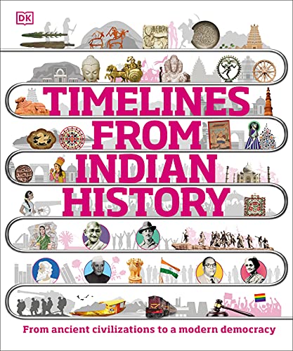 Book cover with pink title and historical Indian figures and artifacts on winding paths.