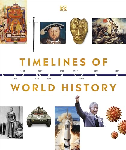 Book cover titled Timelines of World History featuring historical images and a central timeline.