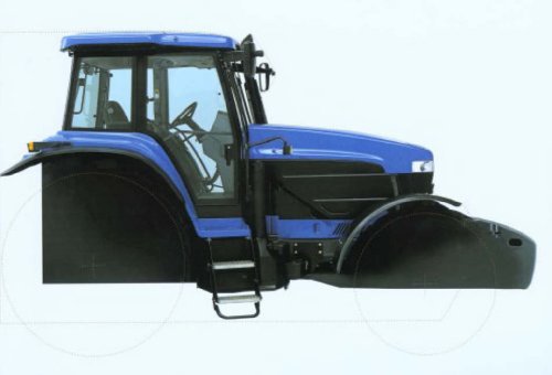 A blue tractor with large black tires and a visible cab on a white background.