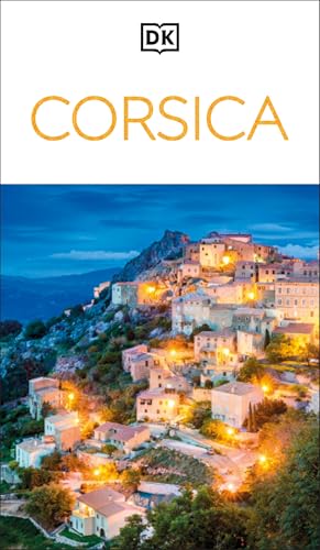 DK Corsica guidebook cover with a hillside village at dusk.