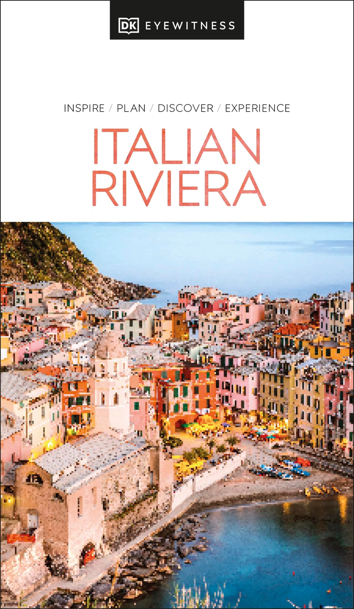 DK Eyewitness travel guide to the Italian Riviera, featuring colorful coastal buildings.