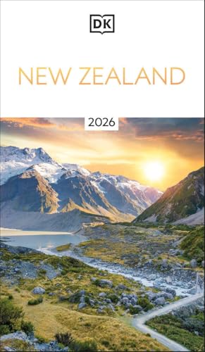 DK New Zealand 2026 travel guide cover featuring a sunset over snowy mountain peaks.