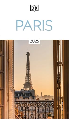 DK Paris guidebook cover featuring the Eiffel Tower viewed from a window.