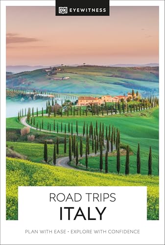DK Eyewitness “Road Trips Italy” guidebook featuring a Tuscan landscape.