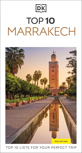 DK Top 10 Marrakech travel guide cover with Koutoubia Mosque image.