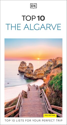DK Top 10 Algarve travel guide cover with coastal cliffs and stairs.