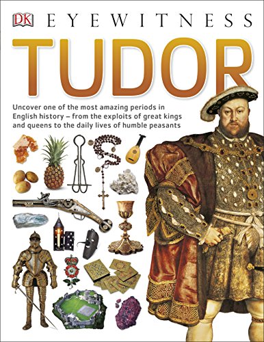 "Book cover with a man in ornate Tudor clothing surrounded by historical objects."
