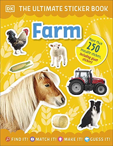Ultimate Sticker Book Farm" cover with a horse, tractor, and farm animals.