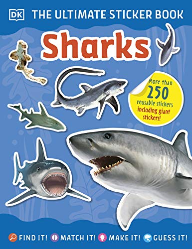 Cover of "Ultimate Sticker Book Sharks" featuring various shark illustrations.