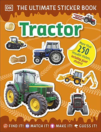 DK Ultimate Sticker Book Tractor cover featuring various tractors on an orange background.