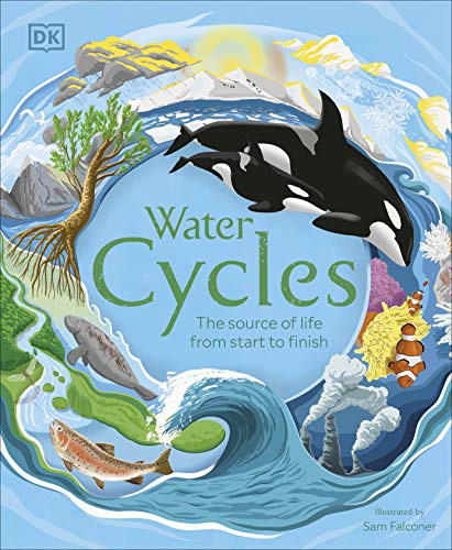 Book cover depicting the water cycle with orcas, fish, and coral.