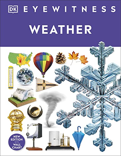 Book cover for "Weather" with images of clouds, snowflakes, and instruments.