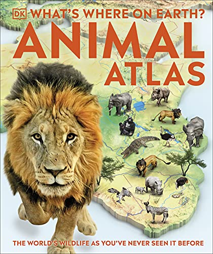 Book cover: “Animal Atlas” features a lion and world map with animals.