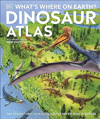 Dinosaur atlas cover with illustrations of various prehistoric creatures and landscapes.