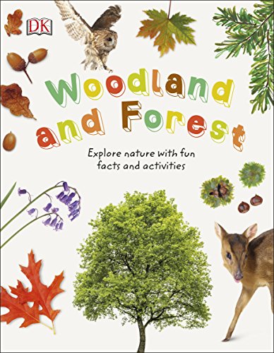 The image depicts the cover of a children's book titled "Woodland and Forest". The alt text for this image could be: "Children's book cover featuring a tree, deer, owl, and forest elements."