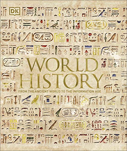 Book cover with “World History” title over ancient Egyptian hieroglyphs.