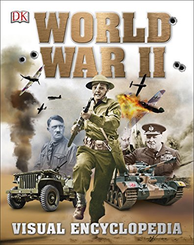 World War II encyclopedia cover with soldiers, planes, tanks, and portraits.