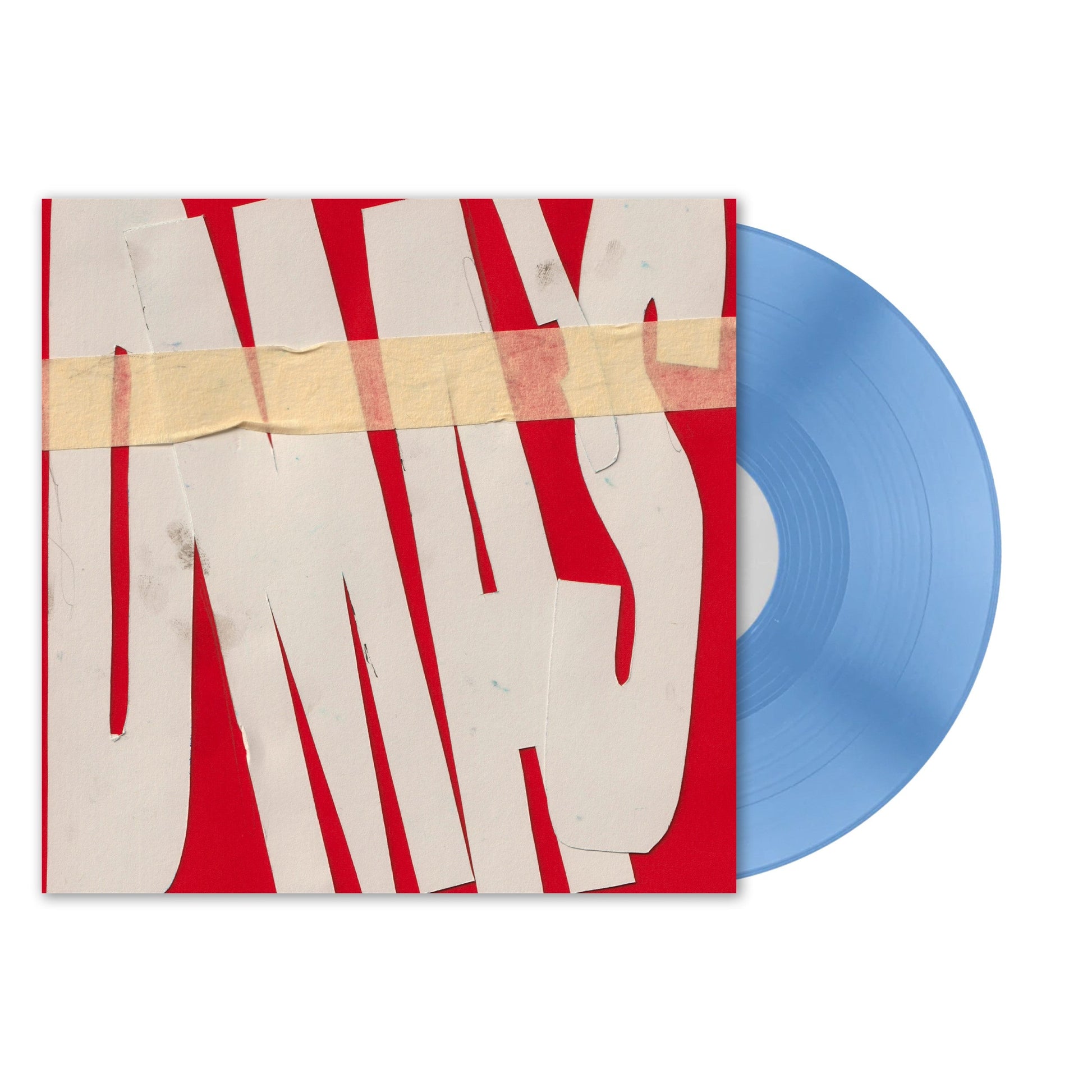 Red album cover with white cut-out letters and tape, next to a baby blue vinyl.