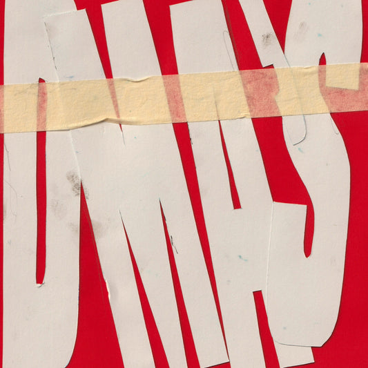 Red and white abstract album cover with torn paper and tape.