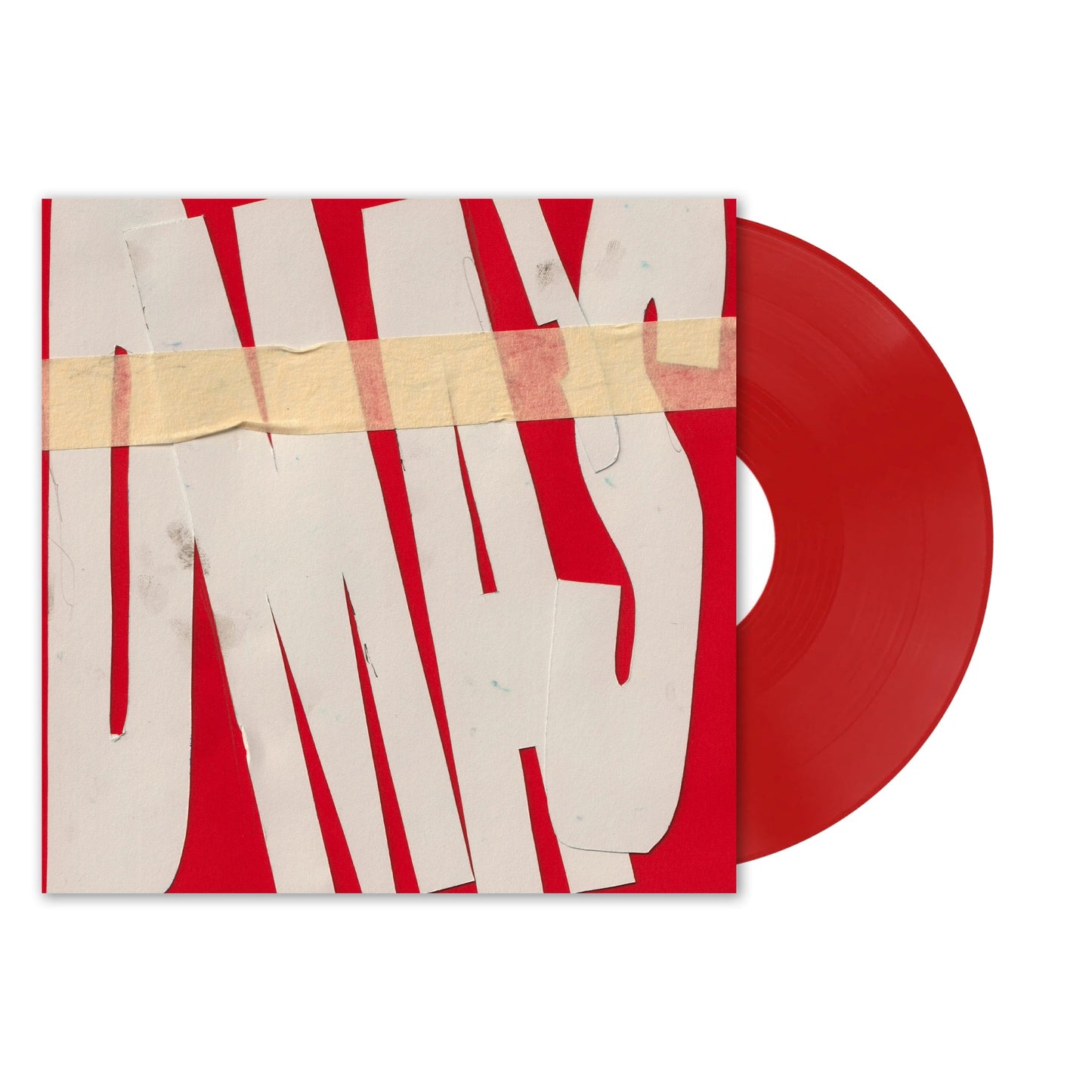 Red vinyl LP with a red and white distressed cover featuring torn paper.