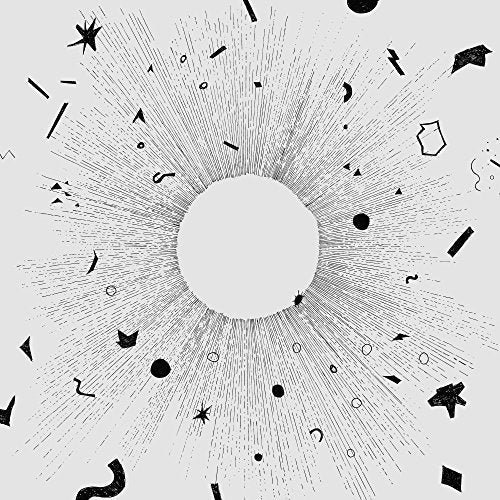 Black and white abstract design with radiating lines and scattered shapes.