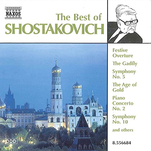CD cover for "The Best of Shostakovich" featuring a composer portrait and cityscape.