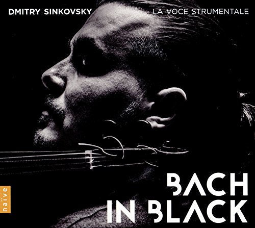 Close-up of Dmitry Sinkovsky playing violin, album cover for “Bach In Black.”