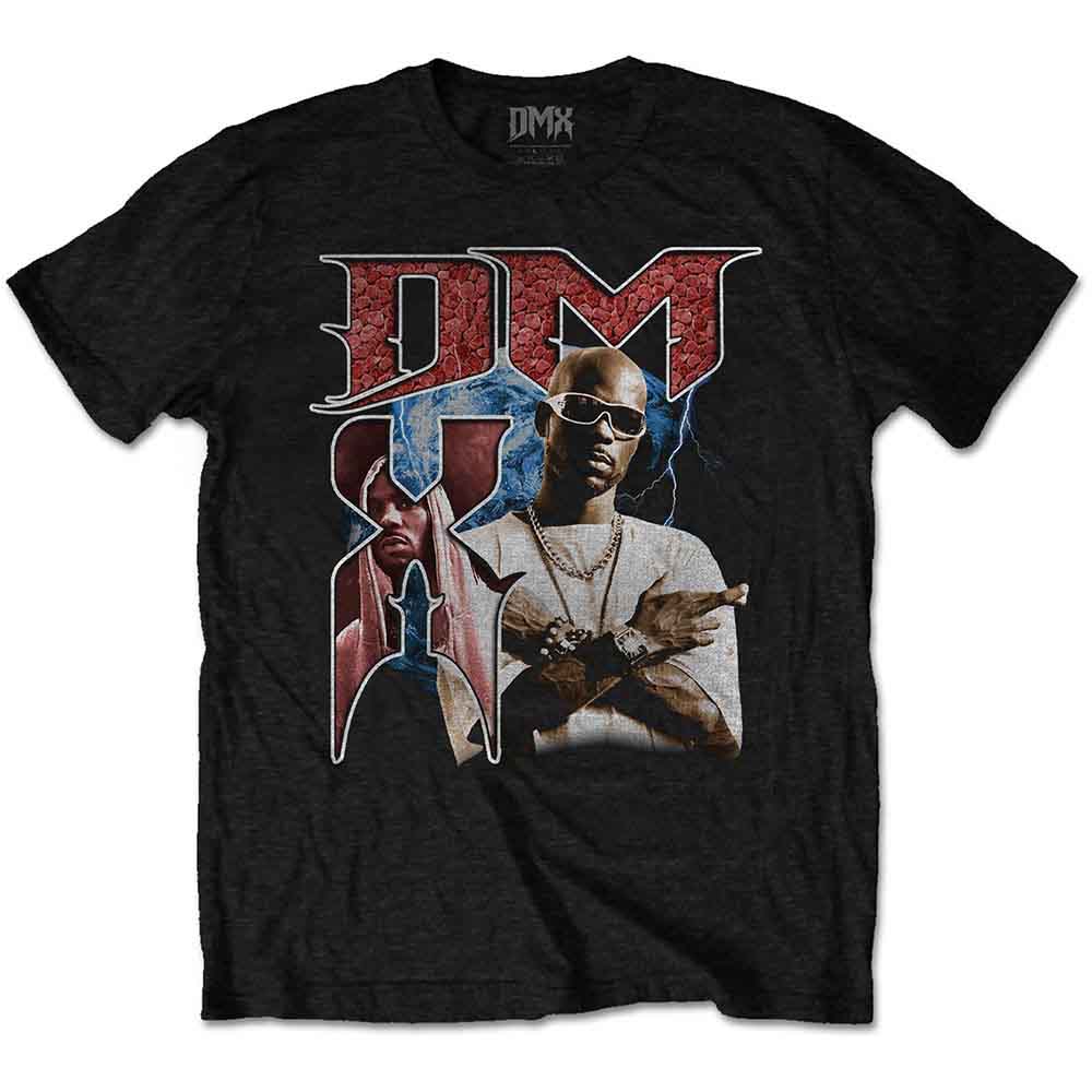 Black DMX t-shirt with red logo and portrait graphic.