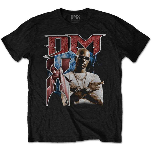 Black DMX t-shirt with red logo and portrait graphic.