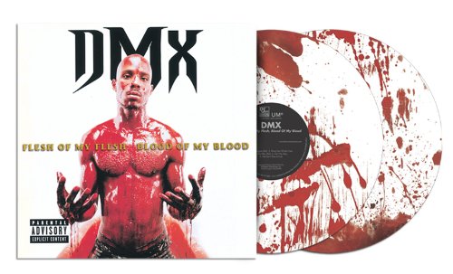 DMX album cover and splatter-effect vinyl record, white with red markings.