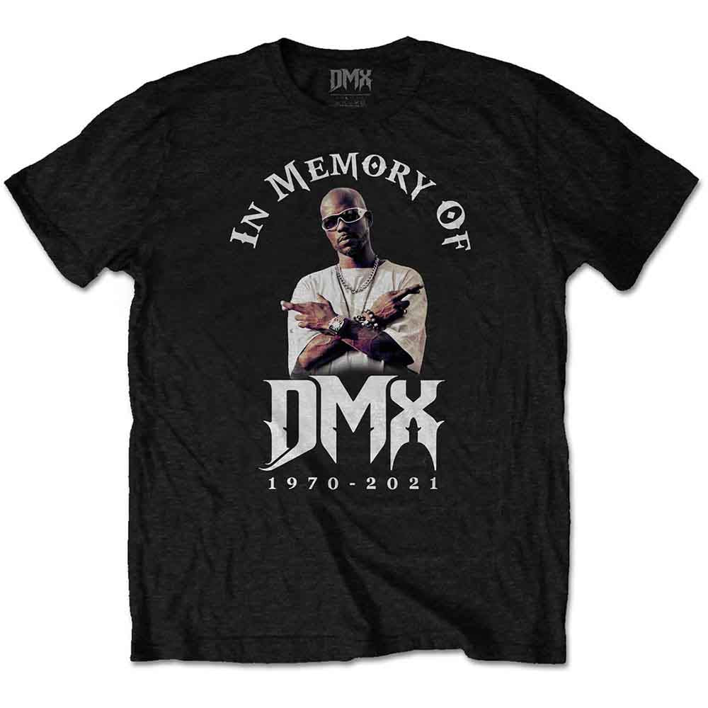 Black DMX memorial t-shirt with portrait and dates 1970-2021.
