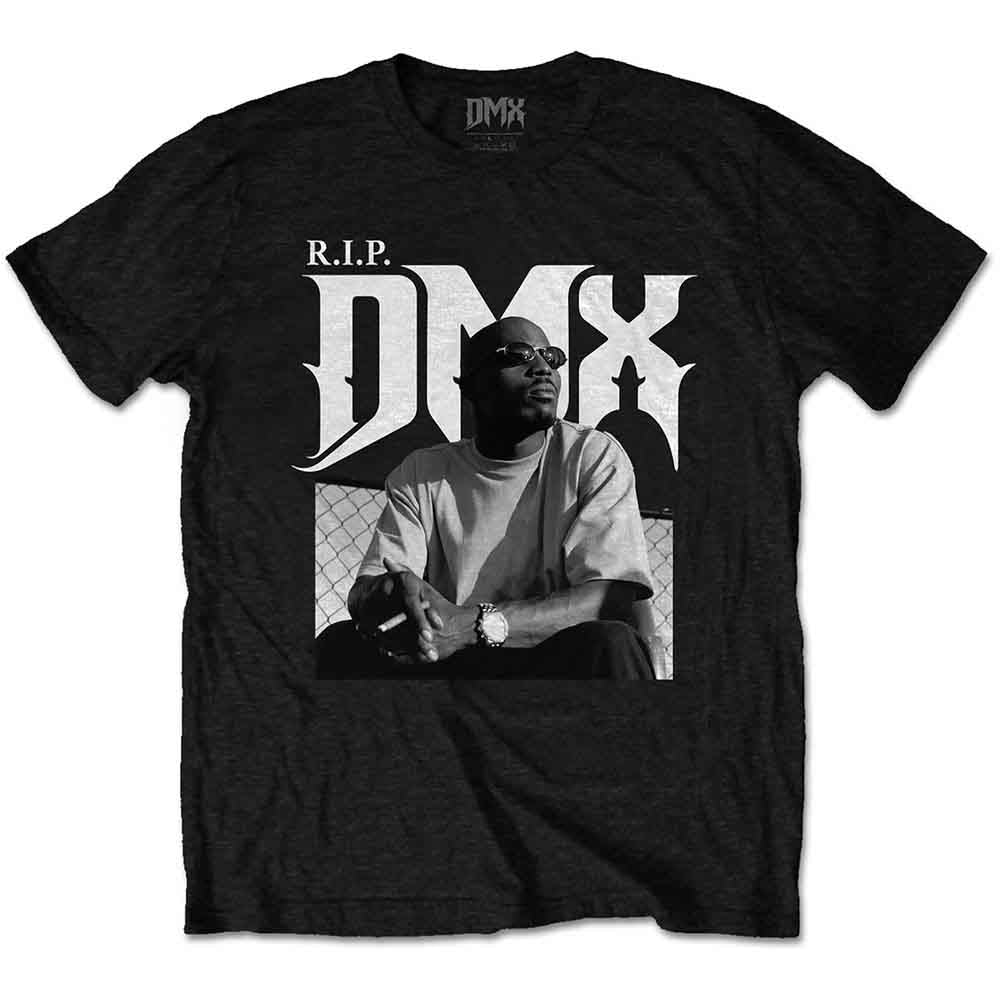Black t-shirt with a grayscale portrait of DMX and "R.I.P." text.