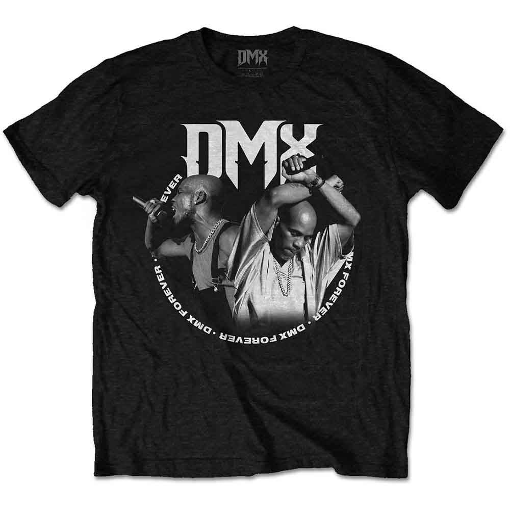 Black unisex t-shirt with a circular DMX design, size XX-Large.