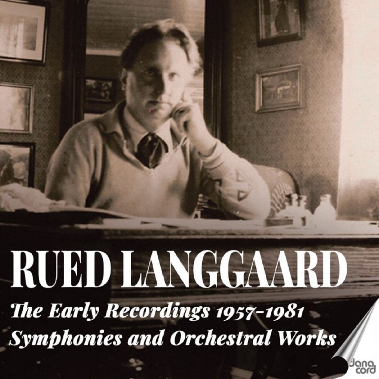 Black and white portrait of composer Rued Langgaard with text overlay.