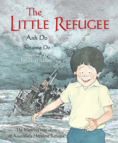Book cover: a young boy smiles with a boat of people in the sea.
