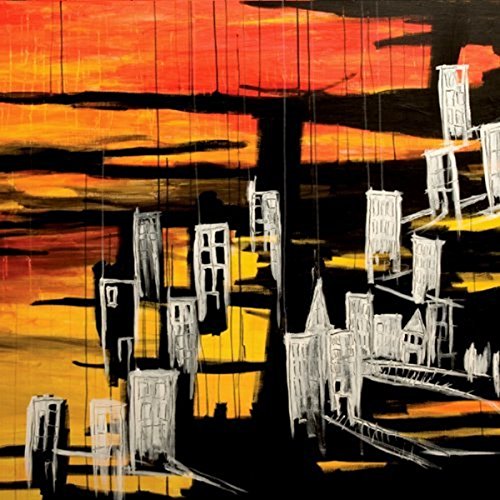 Abstract painting of white outlined buildings against a dramatic orange, yellow, and black sky.