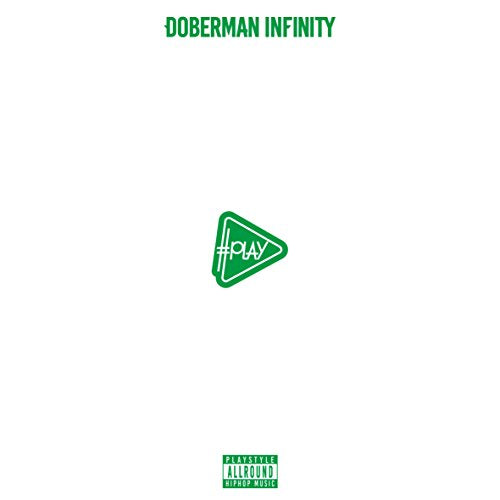 Doberman Infinity album cover with a green play button icon and text on white.