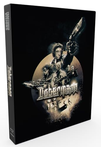 Blu-ray case for Dobermann featuring armed characters against a circular sepia background.