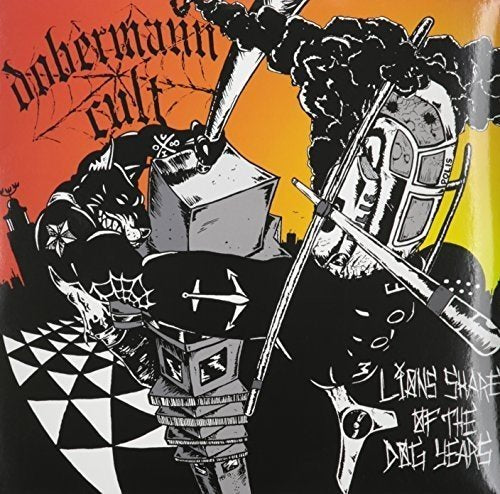 "Vinyl album cover with medieval knight illustration and gothic text on orange and yellow background."