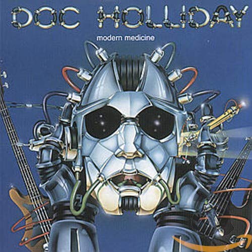 CD cover featuring a robotic metallic face with wires and electric guitars.