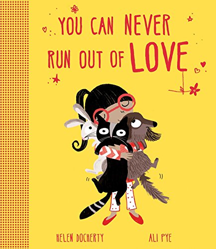 Yellow book cover with illustration of a girl hugging animals.