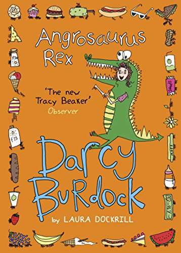 Book cover: green dinosaur with a girl’s face, surrounded by food doodles.